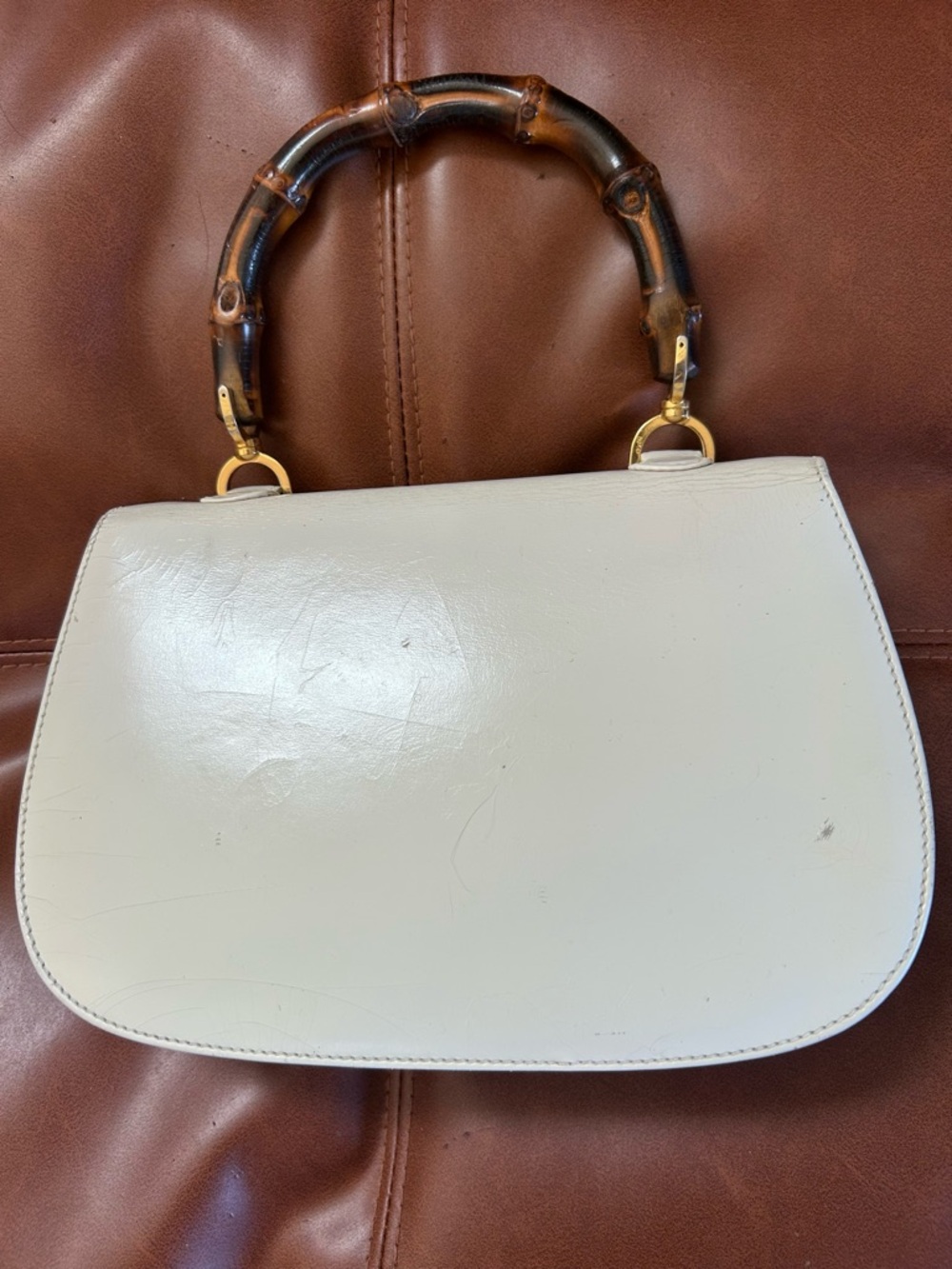 White Leather Bamboo-Handle Top-Handle Purse - Picture 2 of 13